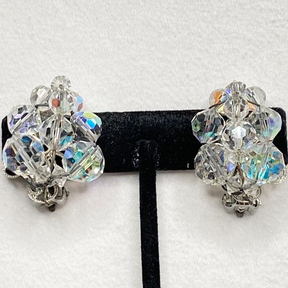 Clip On Stud Earrings Clear AB Faceted Ball Beads In Wired Clusters - Picture 1 of 10